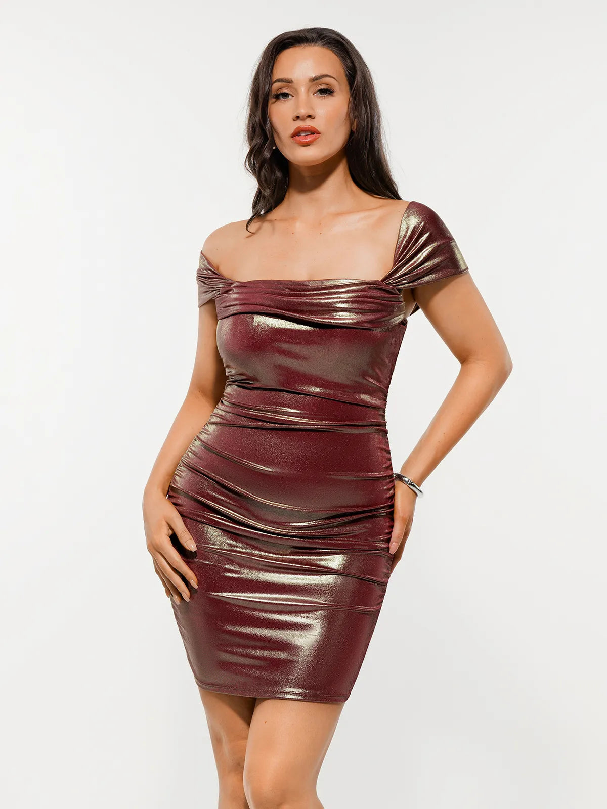 Metallic Off-The Shoulder Ruched Sculpting Tummy Control Mini Dress
