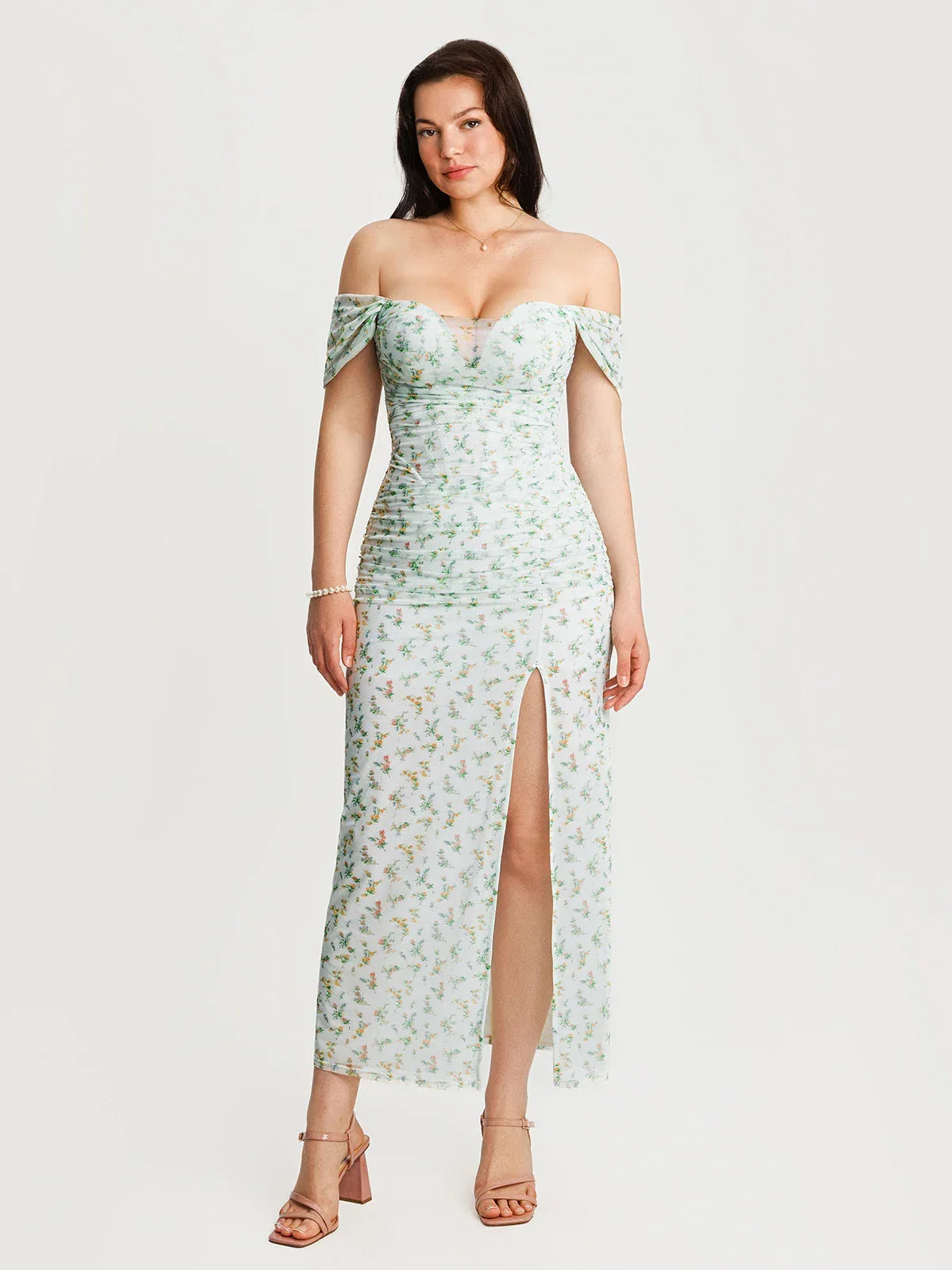 Off-The-Shoulder Sculpting Floral Print Maxi Dress
