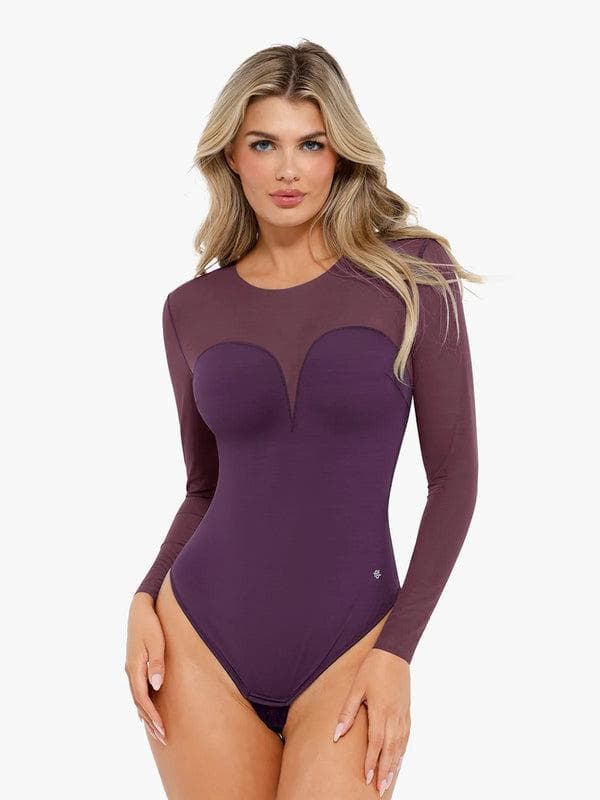 Shapewear Mock Neck Long Sleeve Floral Lace Bodysuit