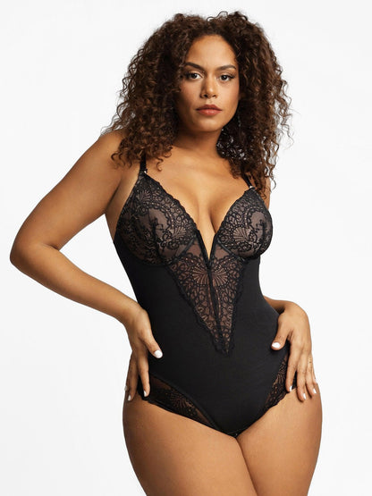 Deep-V Neck Lace Shapewear Bodysuit Leather Midi Skirt Set