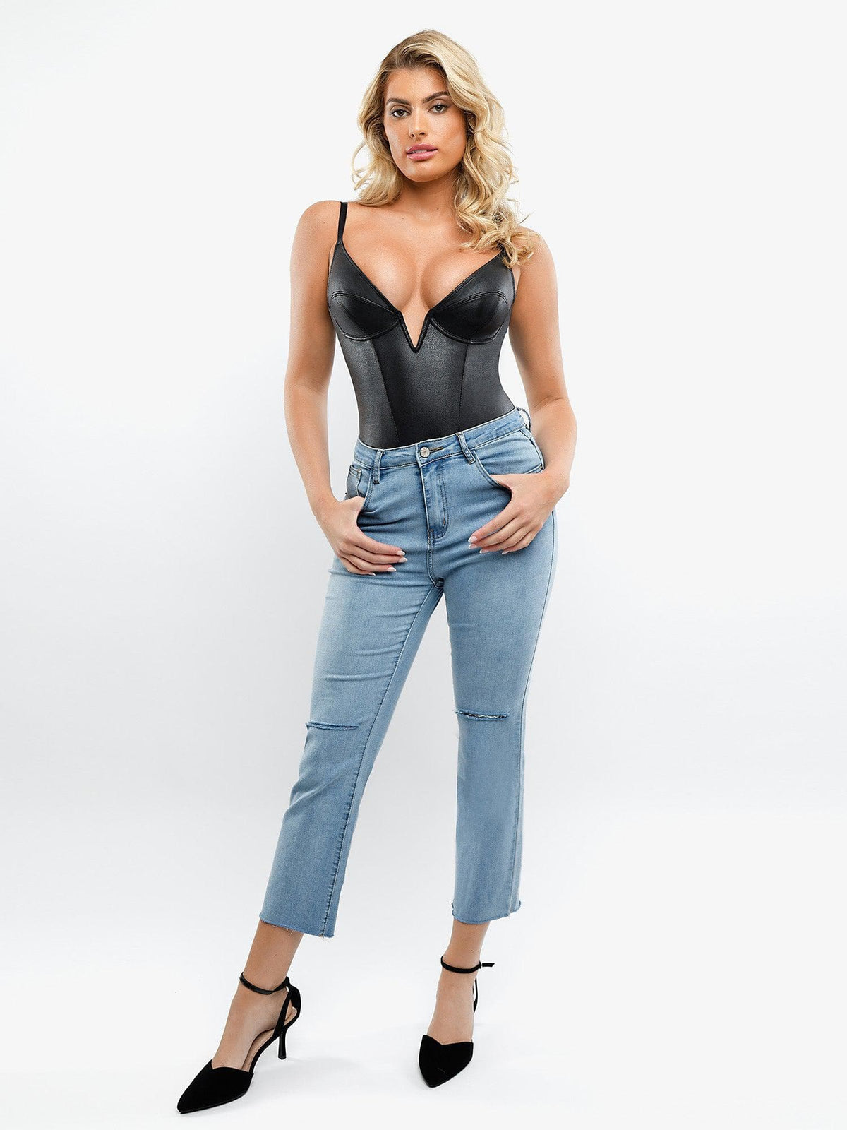 Shapewear Deep V-Neck Leather Bodysuit Slit Midi Skirt Set