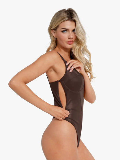 Shapewear Deep V-Neck Leather Bodysuit Slit Midi Skirt Set