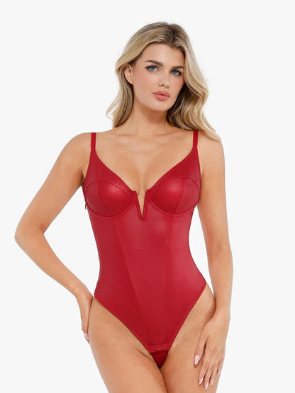 Shapewear Deep V-Neck Leather Bodysuit Slit Midi Skirt Set