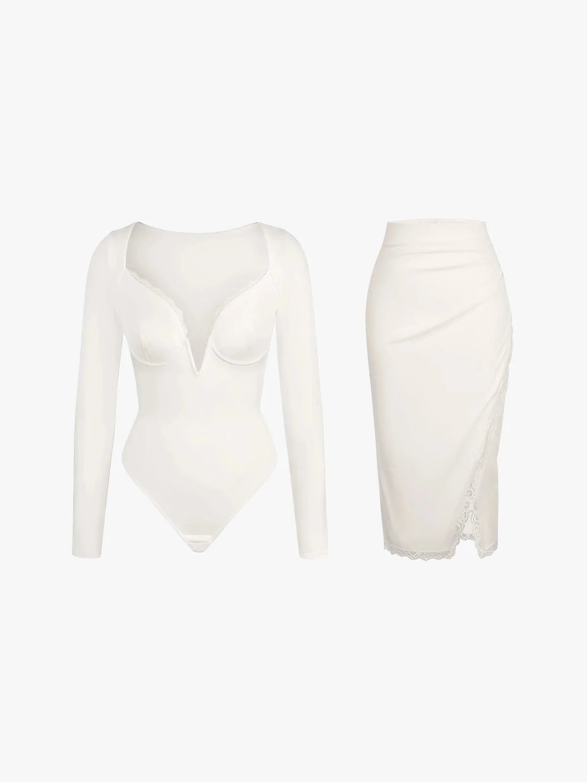Shapewear Sculpting Lace Trim Bodysuit Midi Wrap Skirt Set