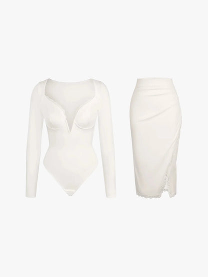 Shapewear Sculpting Lace Trim Bodysuit Midi Wrap Skirt Set