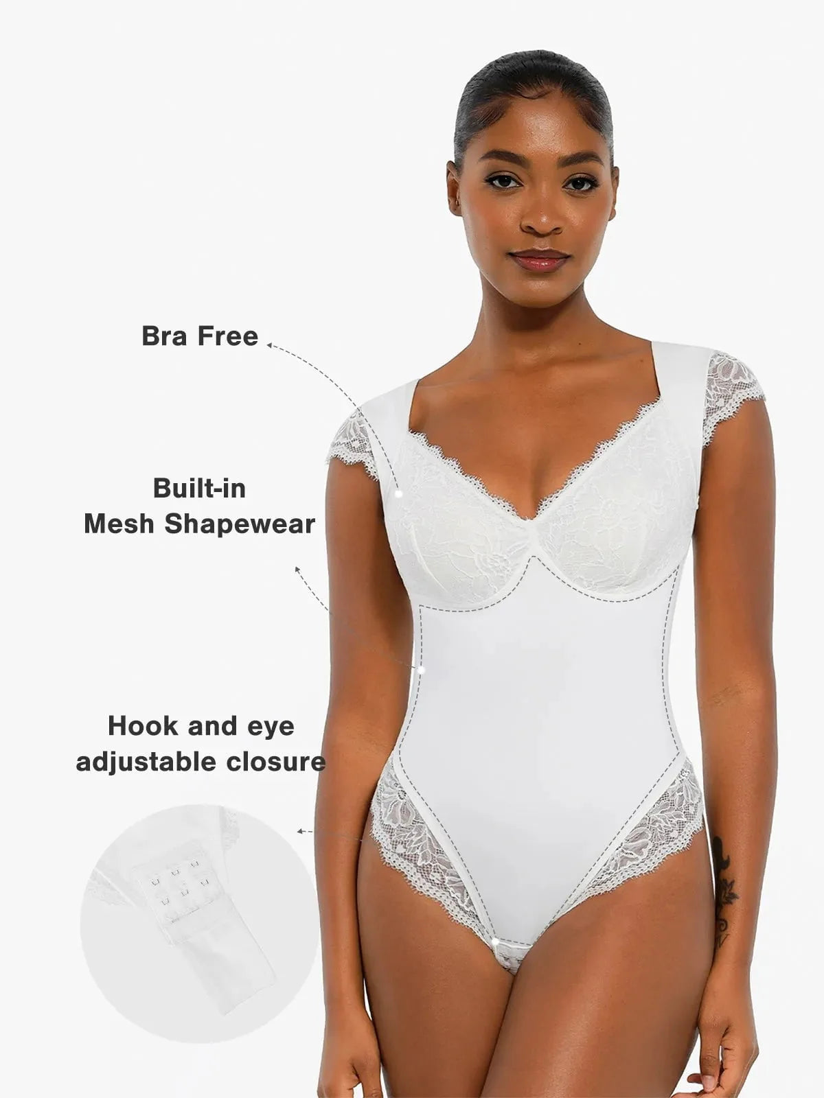 Sexy Shapewear Deep V Cap Sleeve Lace Bodysuit