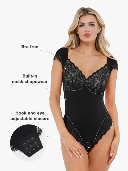 Sexy Shapewear Deep V Cap Sleeve Lace Bodysuit