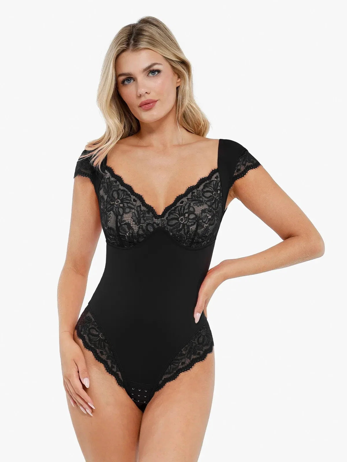 Sexy Shapewear Deep V Cap Sleeve Lace Bodysuit