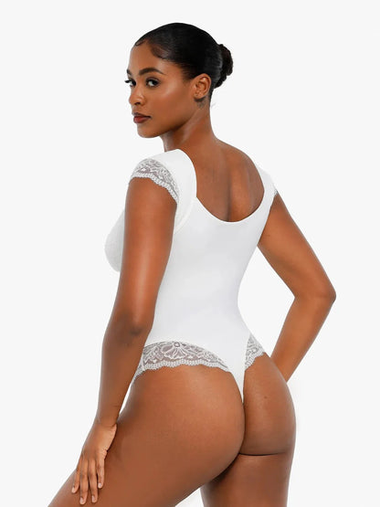 Sexy Shapewear Deep V Cap Sleeve Lace Bodysuit