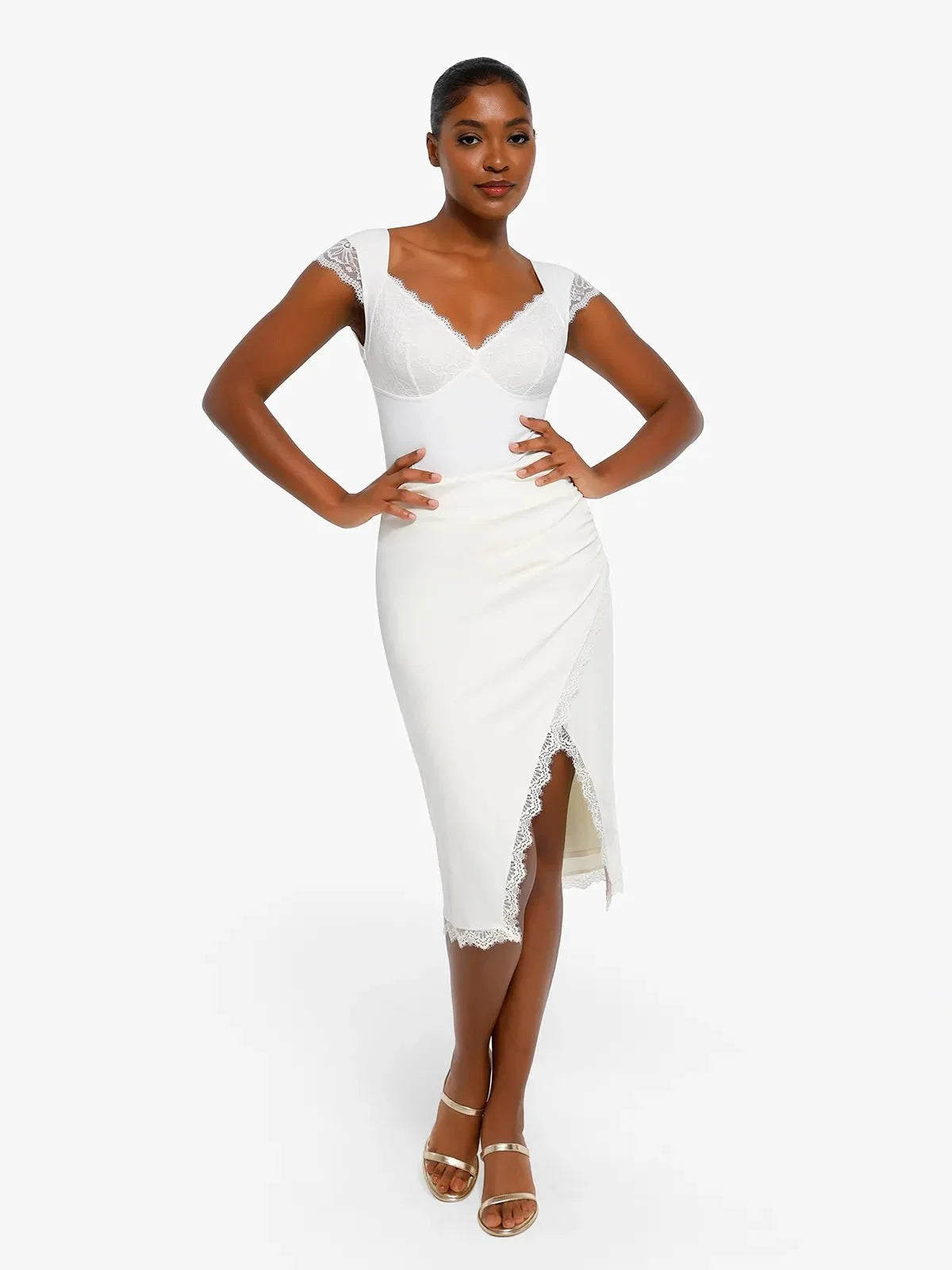 Sexy Shapewear Deep V Cap Sleeve Lace Bodysuit