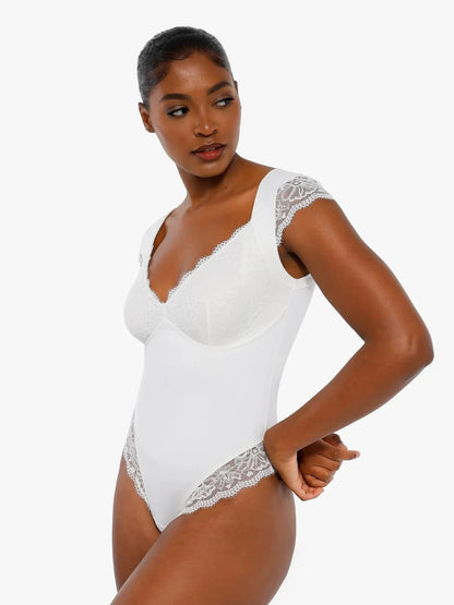 Sexy Shapewear Deep V Cap Sleeve Lace Bodysuit