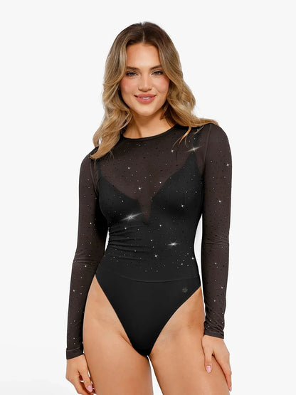 Shapewear Heat-Set Crystal Mesh Long-Sleeve Slimming Bodysuit
