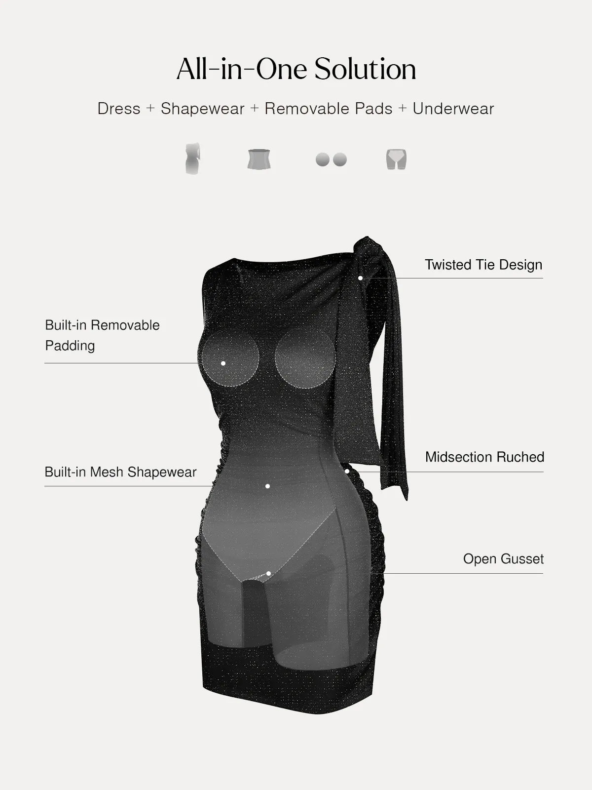 Asymmetric Shoulder Tie Ruched Sculpting Mini Dress