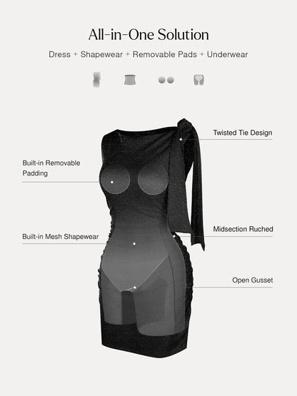 Asymmetric Shoulder Tie Ruched Sculpting Mini Dress
