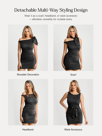 Asymmetric Shoulder Tie Ruched Sculpting Mini Dress