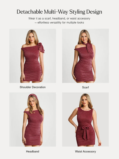 Asymmetric Shoulder Tie Ruched Sculpting Mini Dress