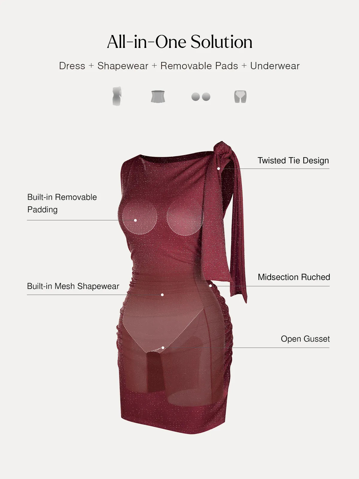 Asymmetric Shoulder Tie Ruched Sculpting Mini Dress