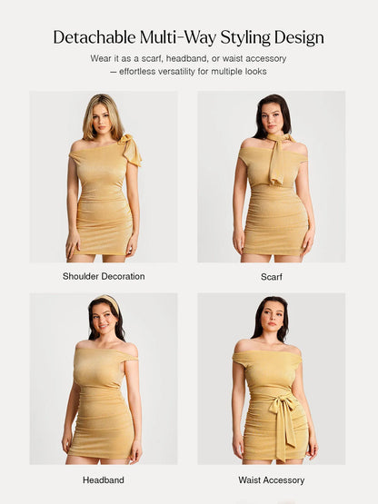 Asymmetric Shoulder Tie Ruched Sculpting Mini Dress