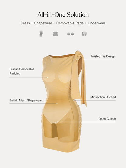 Asymmetric Shoulder Tie Ruched Sculpting Mini Dress