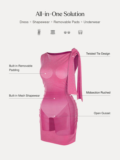 Asymmetric Shoulder Tie Ruched Sculpting Mini Dress