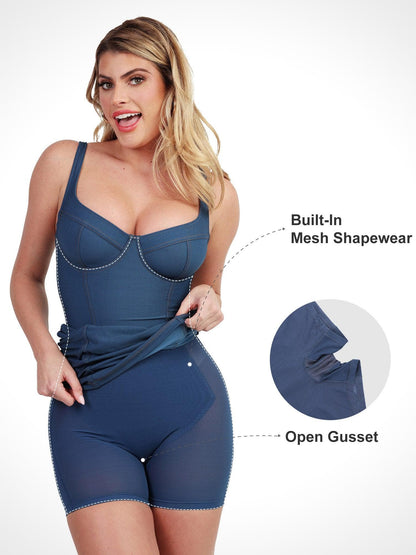 Built-In Shapewear Denim Bodysuit Or Romper Or Dresses