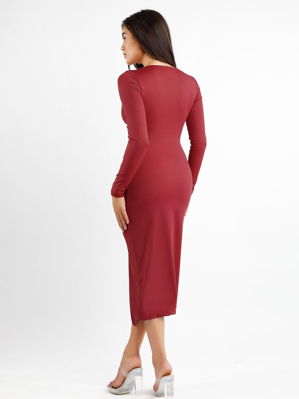 Shapewear Ruched Long Sleeve Faux Wrap Slimming Midi Dress For Insiders