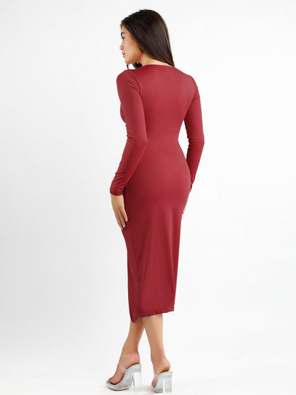 Shapewear Ruched Long Sleeve Faux Wrap Slimming Midi Dress For Insiders