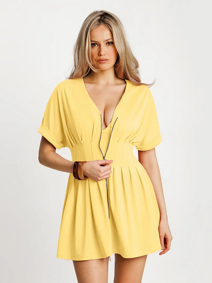 Deep V Zip Front Two-Piece Sculpting Mini Dress