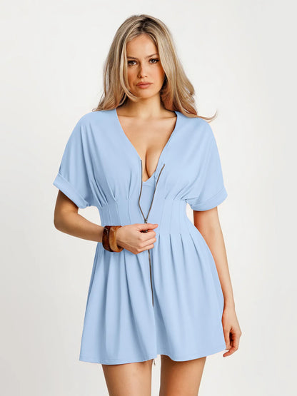 Deep V Zip Front Two-Piece Sculpting Mini Dress