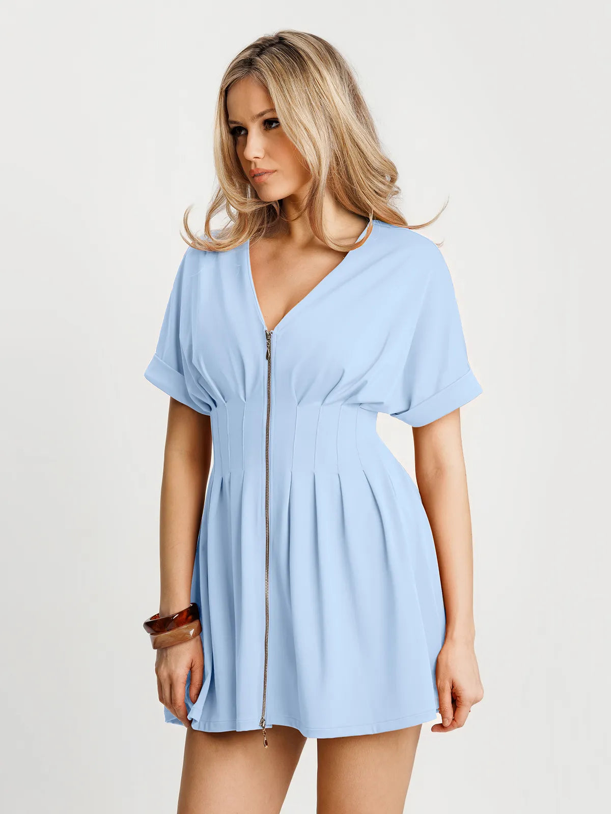 Deep V Zip Front Two-Piece Sculpting Mini Dress