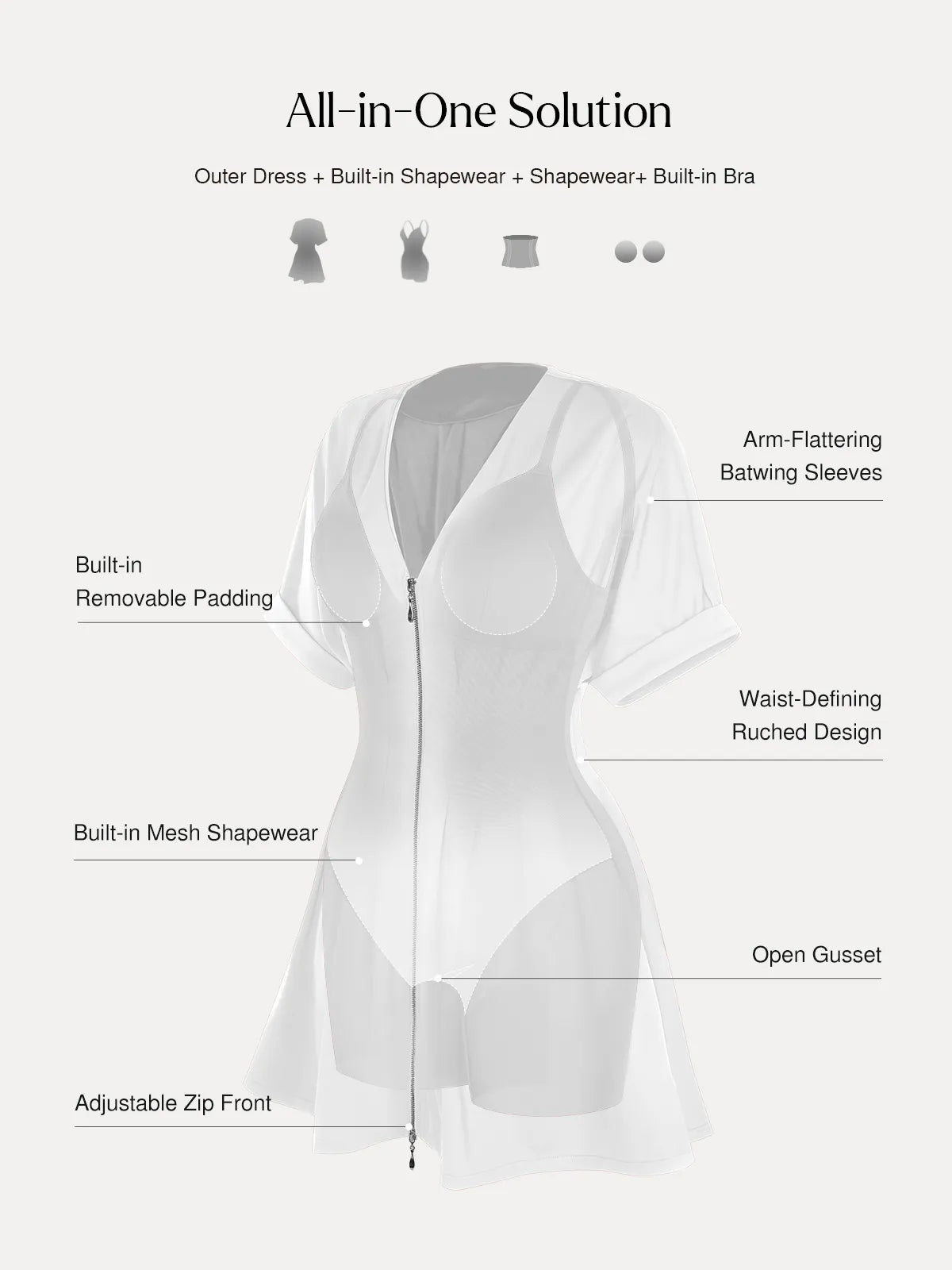 Deep V Zip Front Two-Piece Sculpting Mini Dress