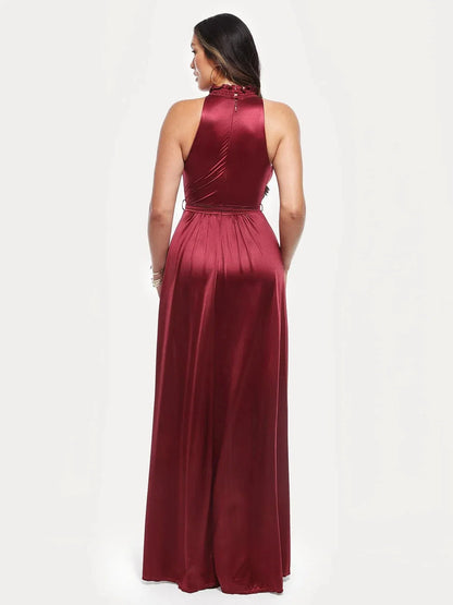 Floral-Print Draped High Neck Sculpting Maxi Dress