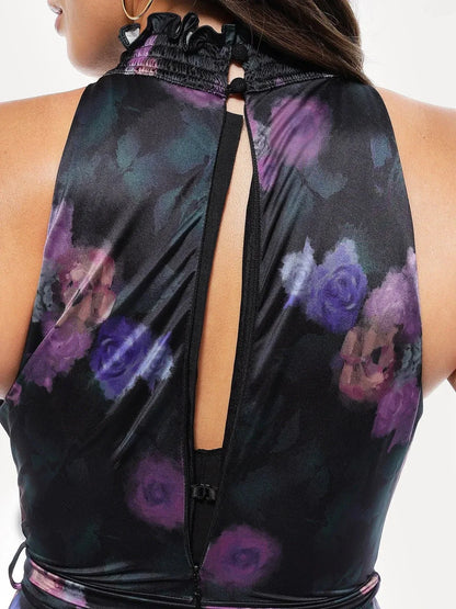 Floral-Print Draped High Neck Sculpting Maxi Dress