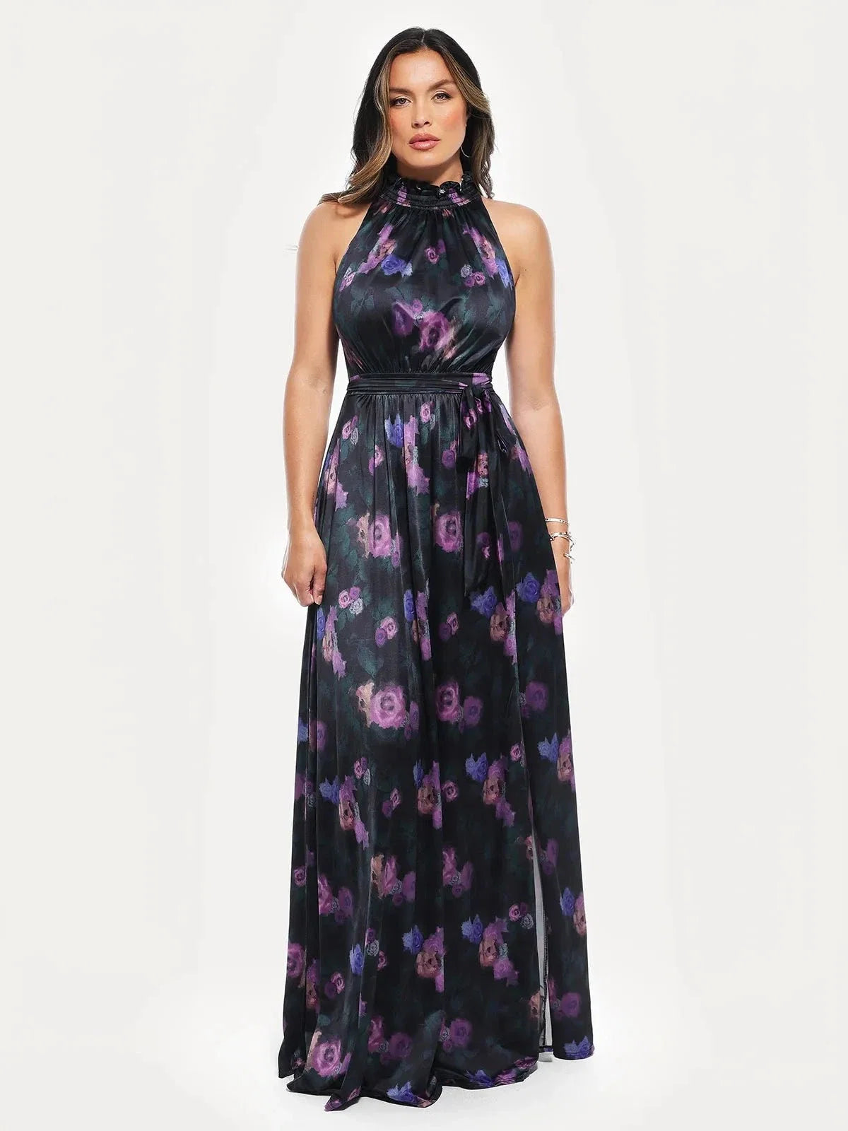 Floral-Print Draped High Neck Sculpting Maxi Dress