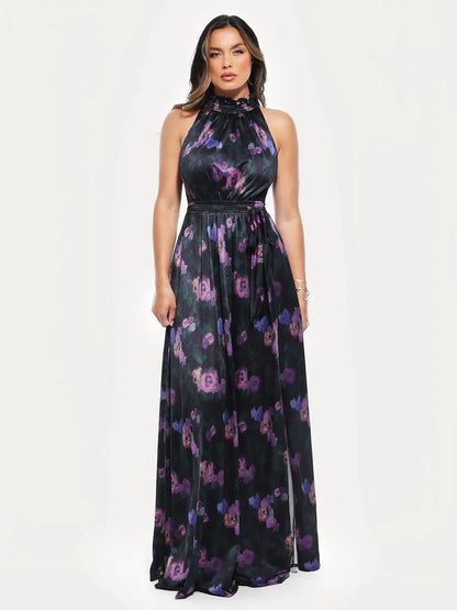 Floral-Print Draped High Neck Sculpting Maxi Dress