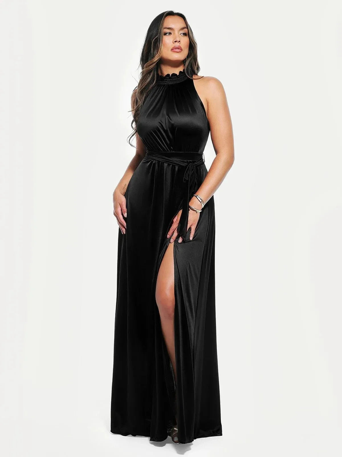 Floral-Print Draped High Neck Sculpting Maxi Dress