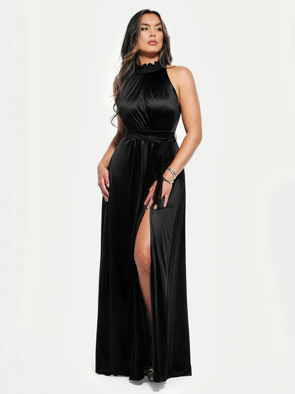 Floral-Print Draped High Neck Sculpting Maxi Dress