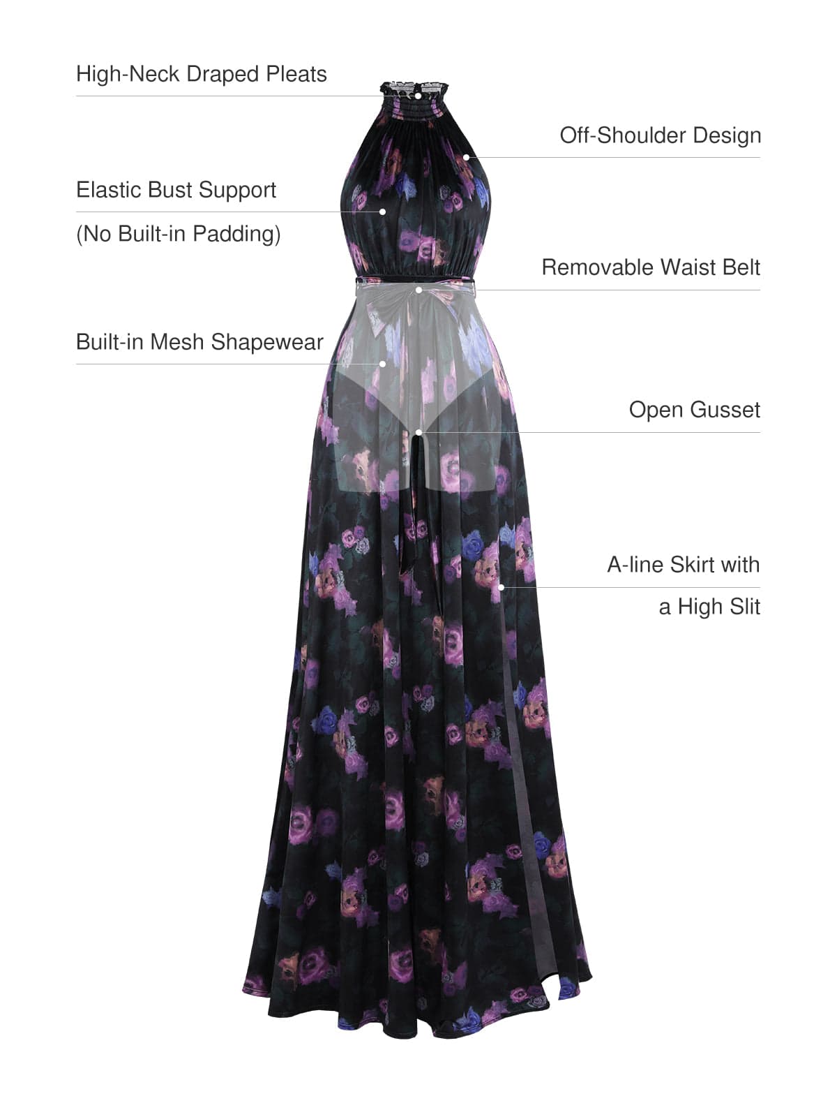 Floral-Print Draped High Neck Sculpting Maxi Dress