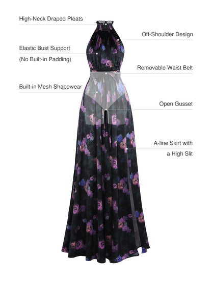 Floral-Print Draped High Neck Sculpting Maxi Dress