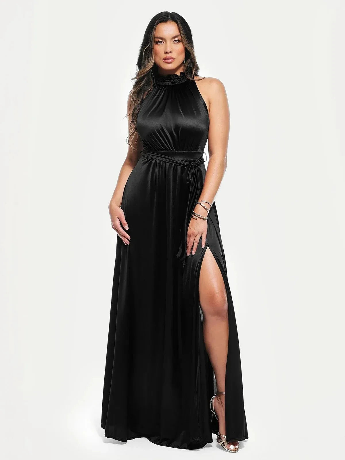Floral-Print Draped High Neck Sculpting Maxi Dress