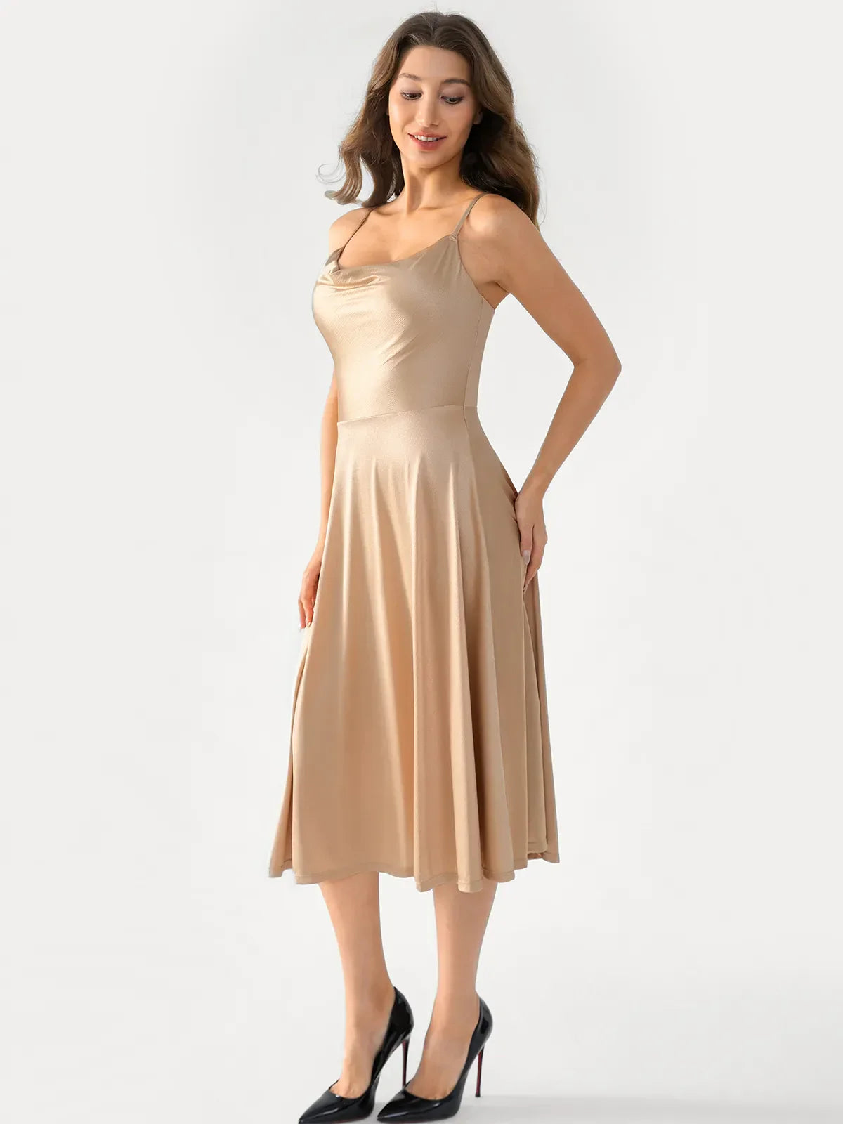 Shapewear Cowl Neck Strappy Fit & Flare Midi Dress