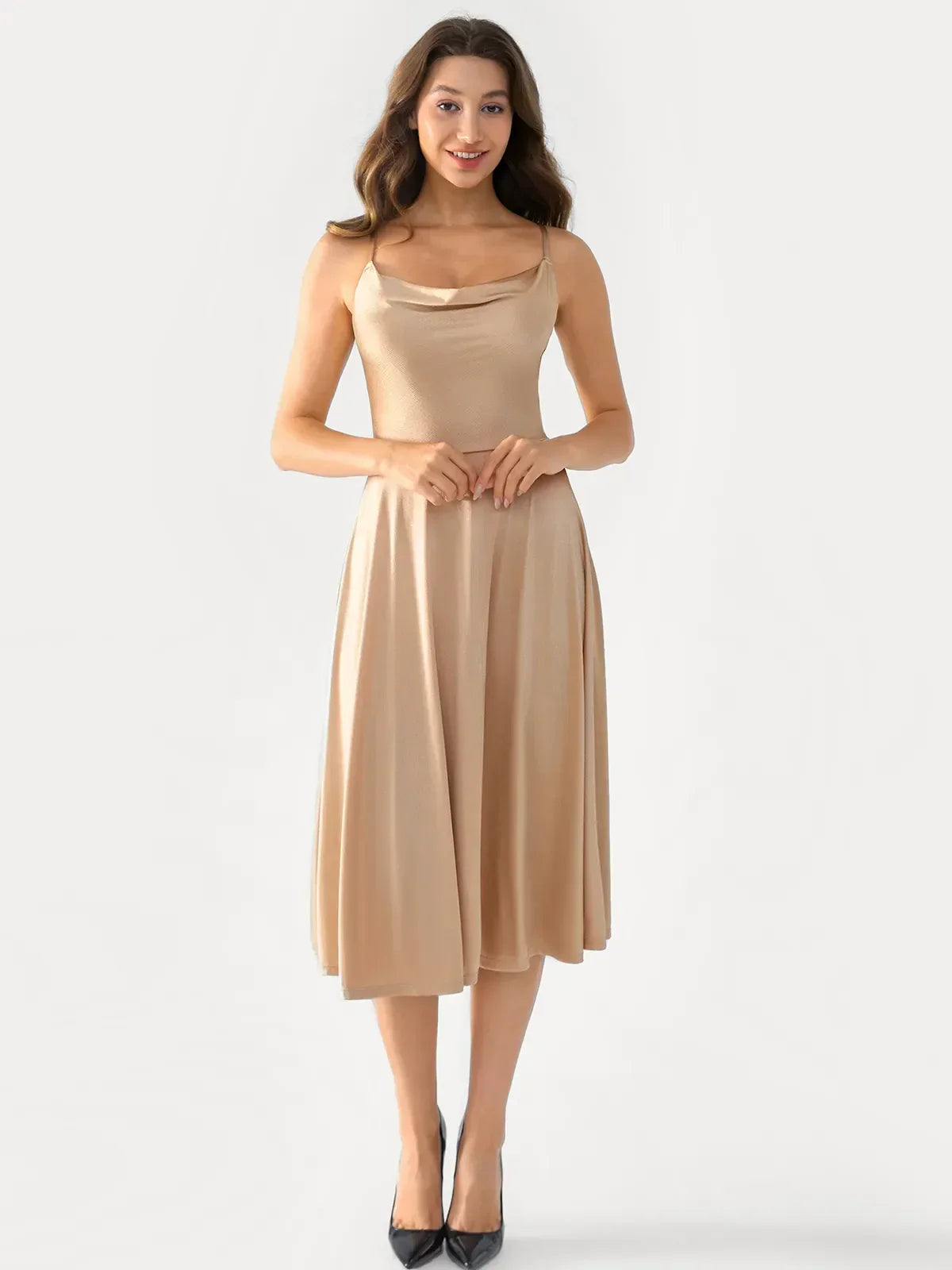 Shapewear Cowl Neck Strappy Fit & Flare Midi Dress