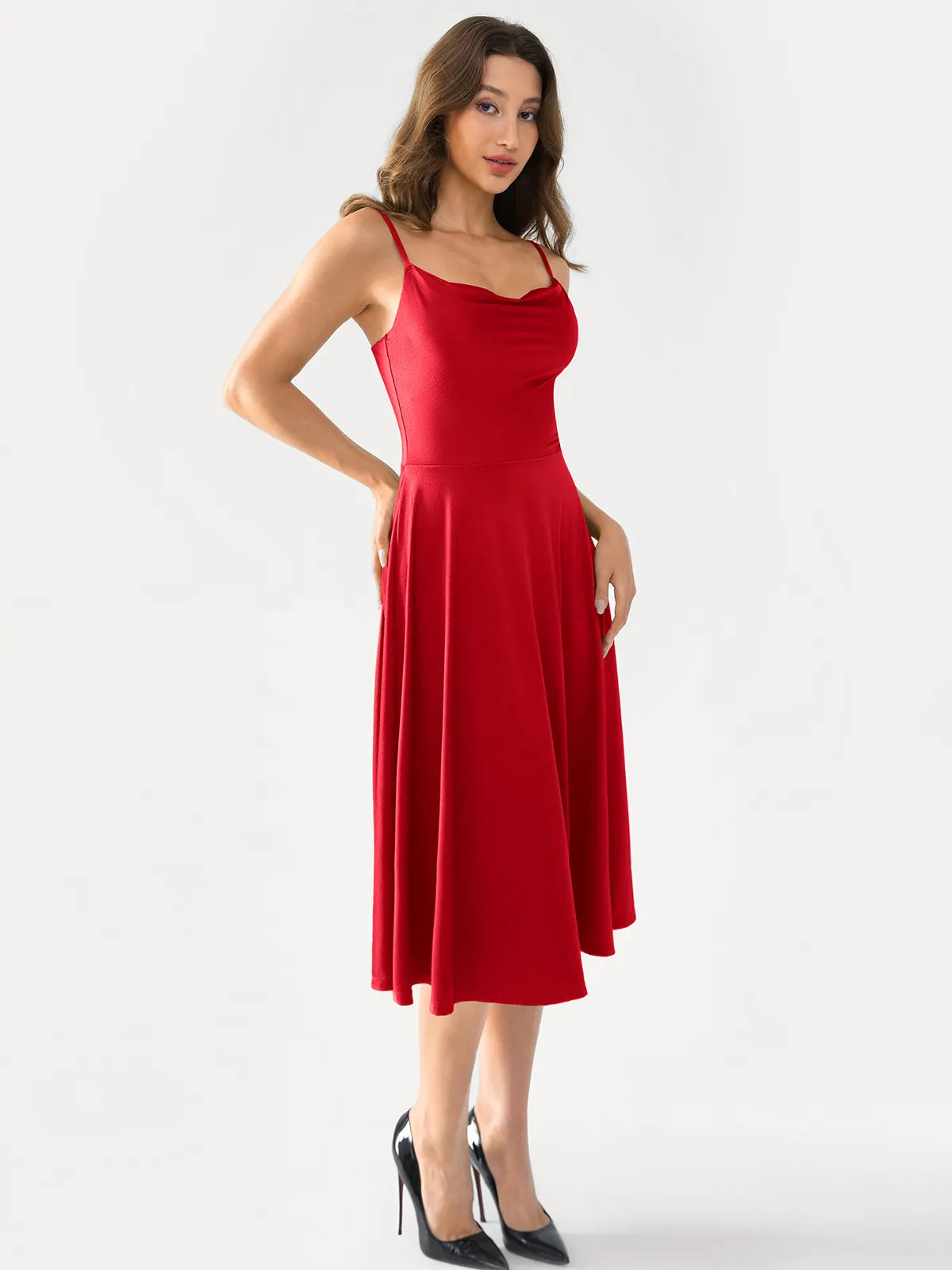 Shapewear Cowl Neck Strappy Fit & Flare Midi Dress