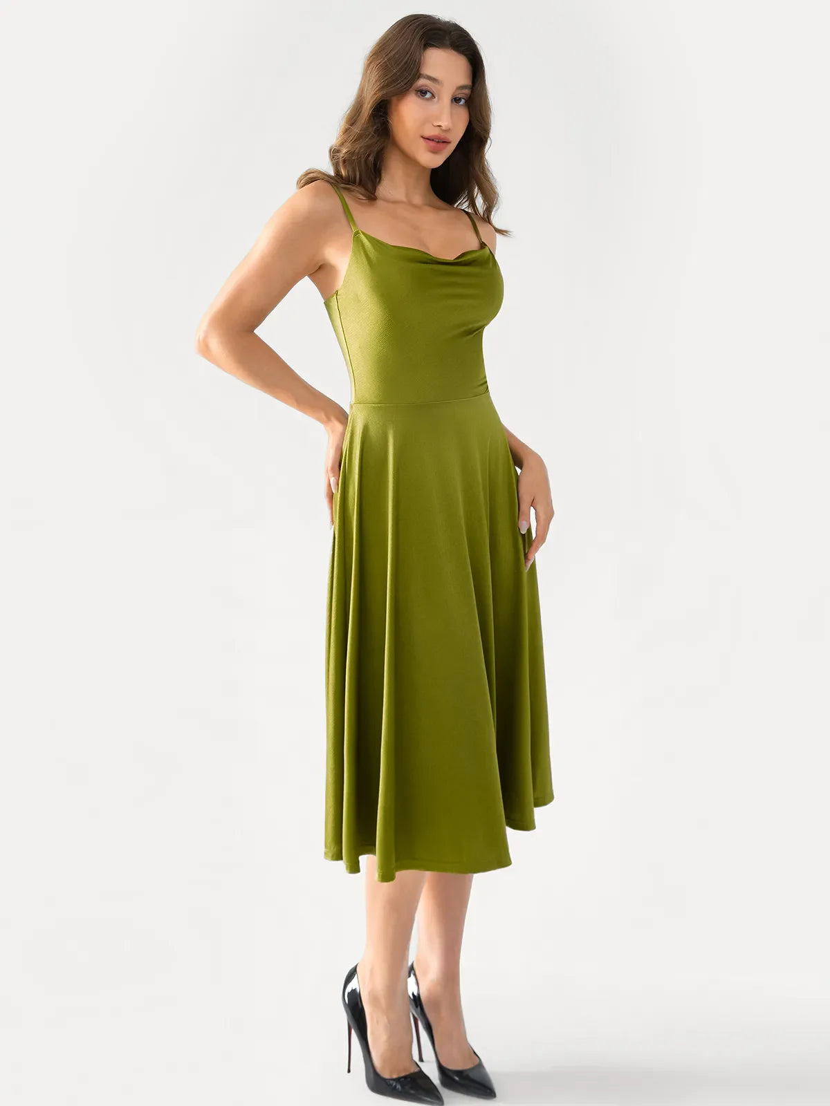Shapewear Cowl Neck Strappy Fit & Flare Midi Dress