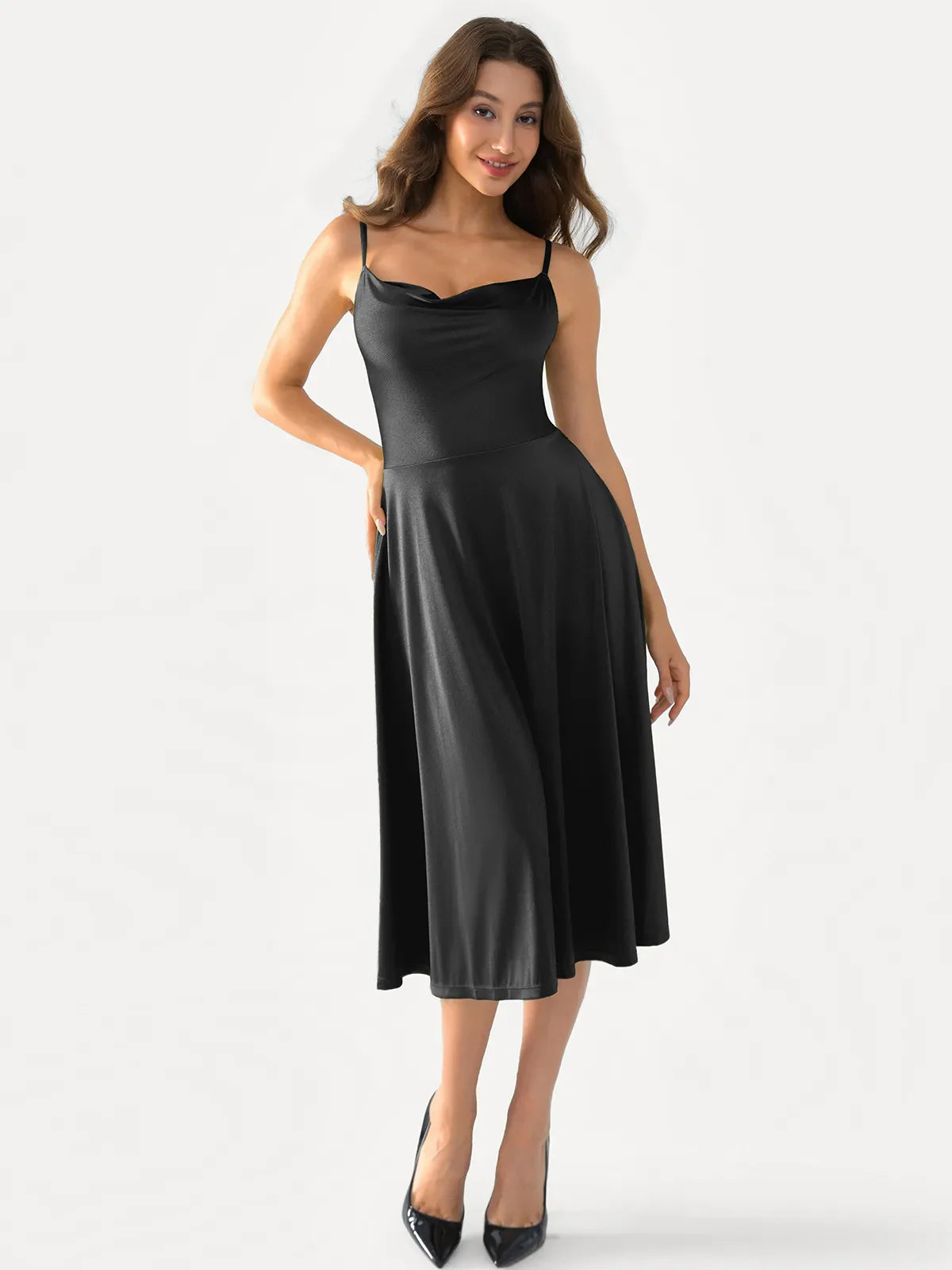 Shapewear Strappy Cowl Neck Fit & Flare Midi Dress