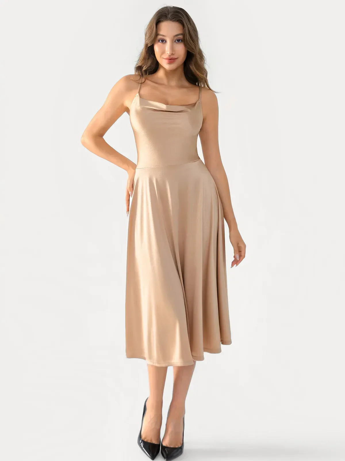 Shapewear Strappy Cowl Neck Fit & Flare Midi Dress