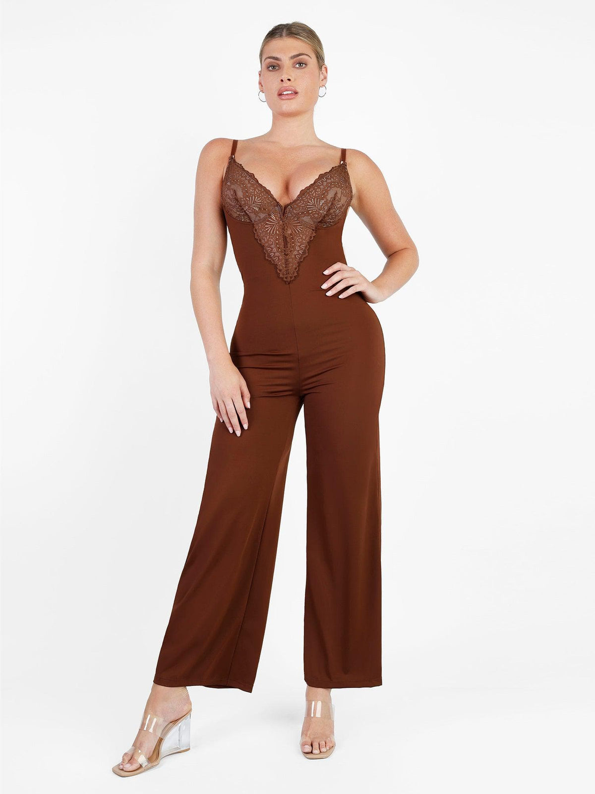 Shapewear Lace Deep V-Neck Sculpting Wide Leg Jumpsuit For Insiders