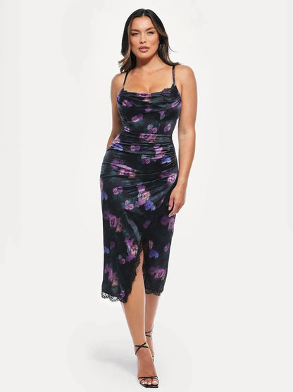 Lace Trim Sculpting Floral-Print Midi Dress
