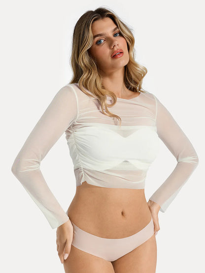 Long Sleeve Ruched Sheer Mesh Crop Top