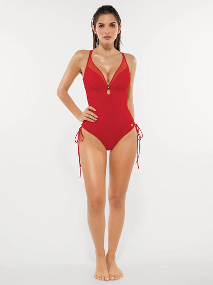 Shapewear Mesh Inset Tie-Side Sculpting One-Piece Swimsuit
